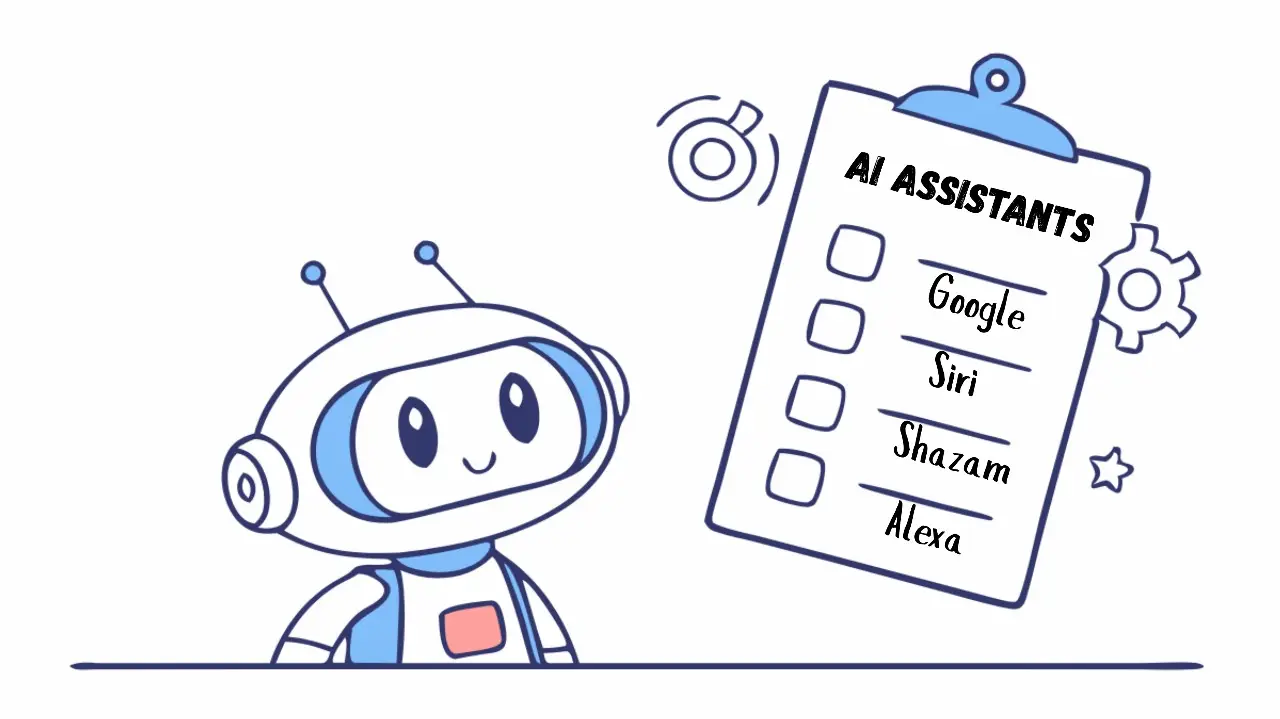 An illustration with a robots ai and a list where Google, Siri, Shazam and Alexa is listed.