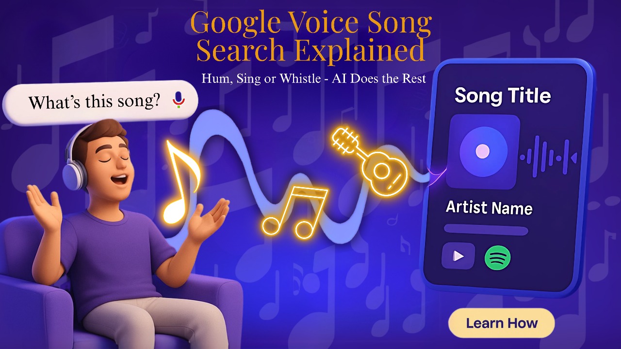 An illustration a man is listing song on mobile with a headphone using the google voice song search feature.