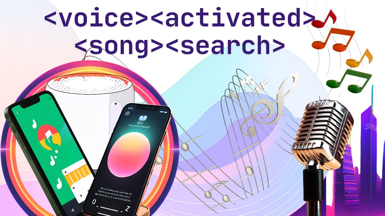 An illustration design which is indicate how to use voice song search on different devices with the visuals of 2 mobile screen and a mic with song icon in air
