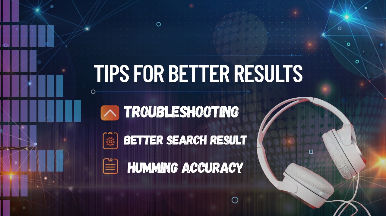 An illustration with some tips of better voice song search with a headphone and text.