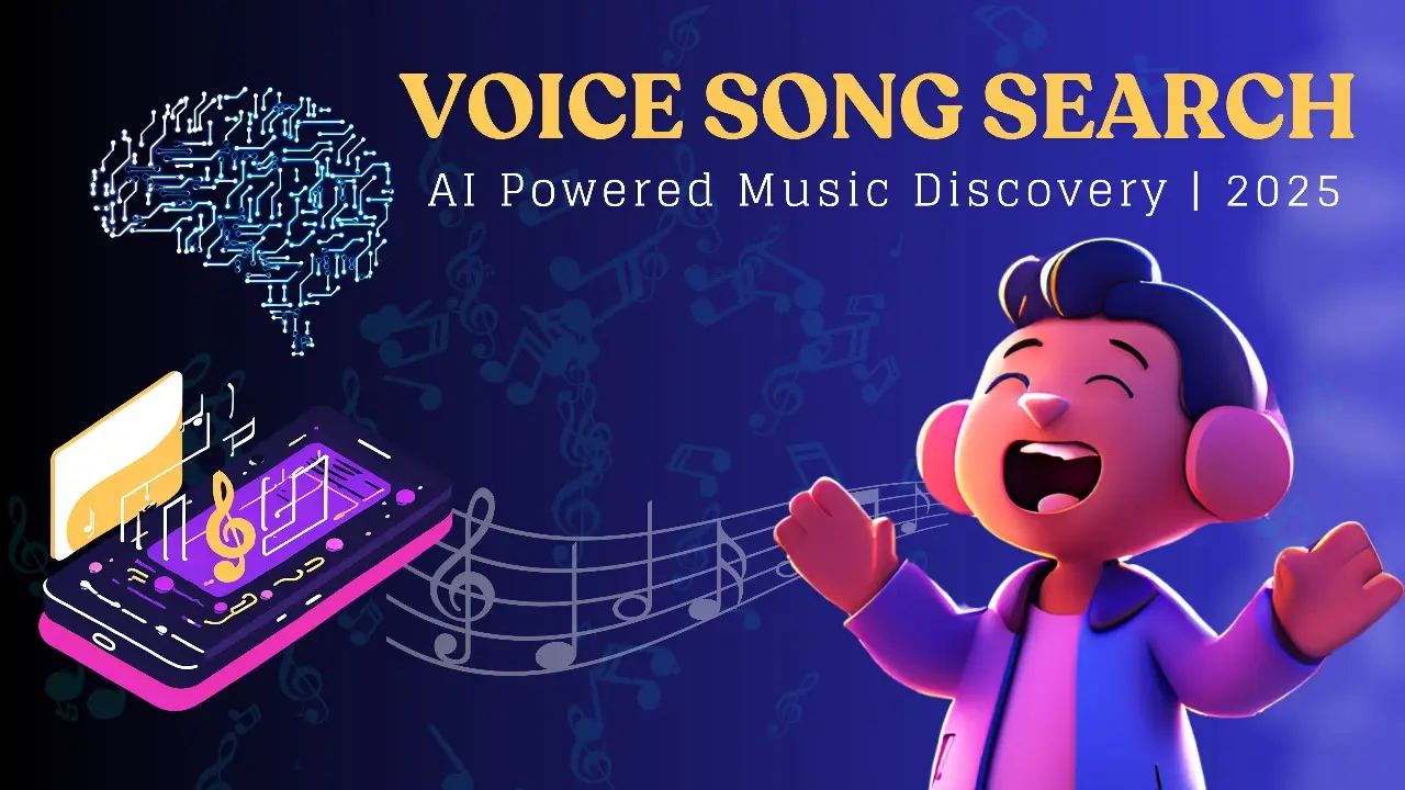 A illustration image with a cartoon character with smiling face enjoying music with headphone using voice song search feature.