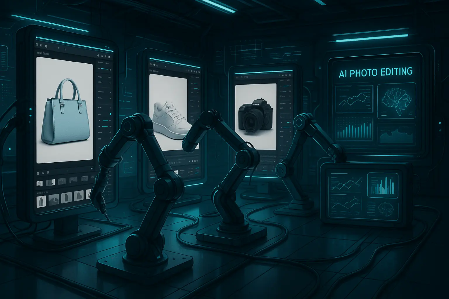 Futuristic AI editing studio where automated systems process photos for eCommerce.