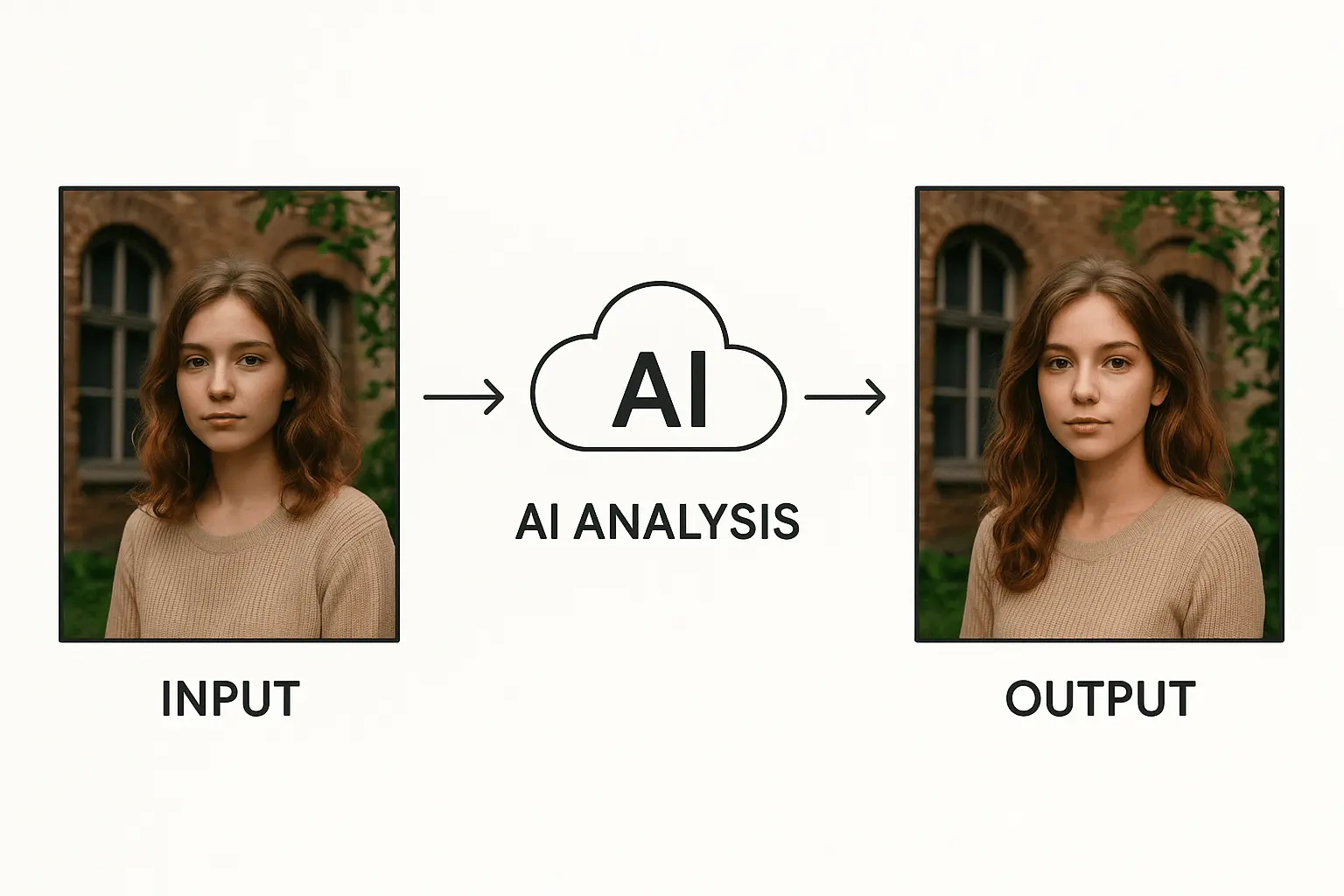 Diagram-style illustration showing how an image goes through the AI enhancement process (input → AI analysis → output)