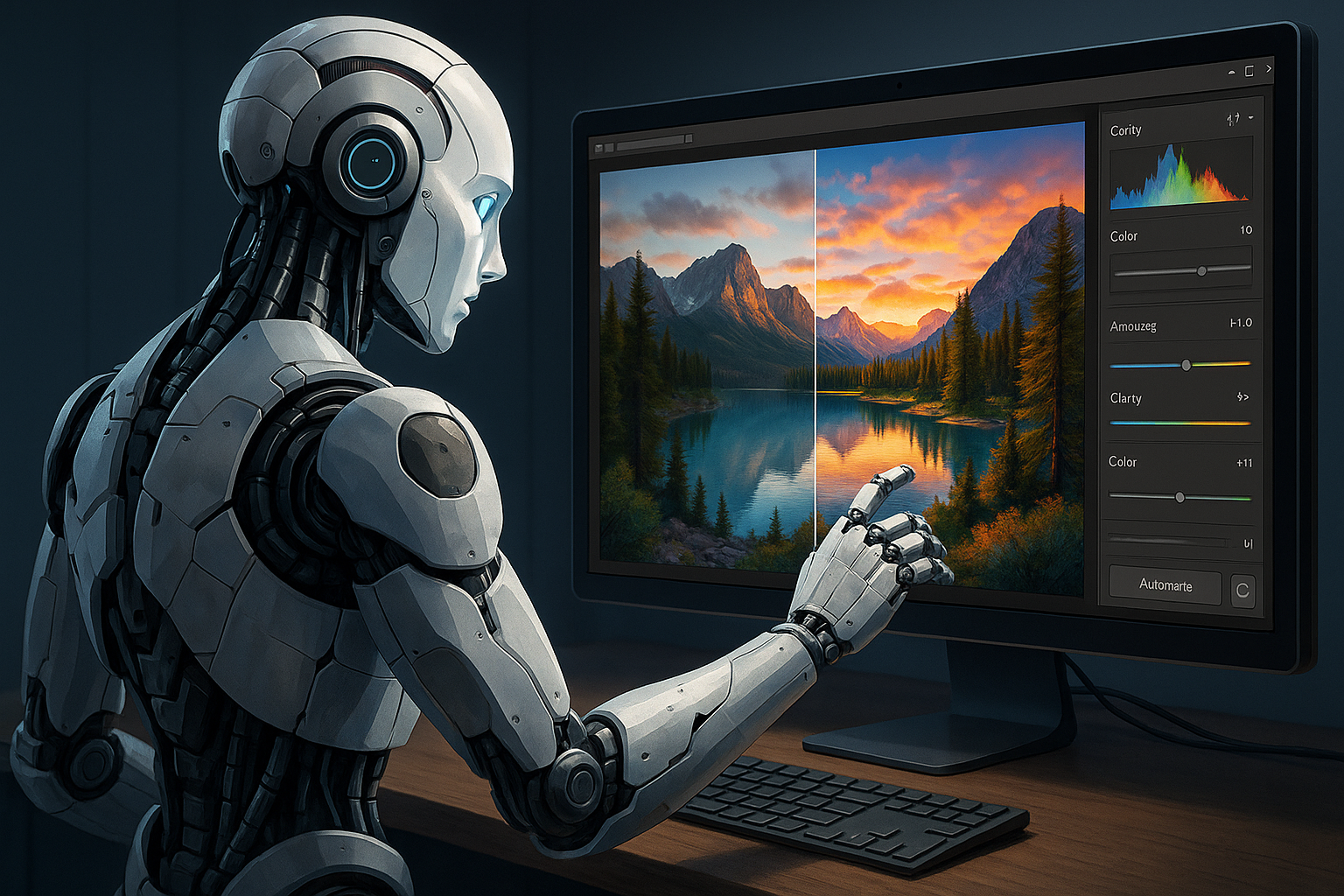 A futuristic AI robot editing a photo on a screen, enhancing clarity and colors automatically.