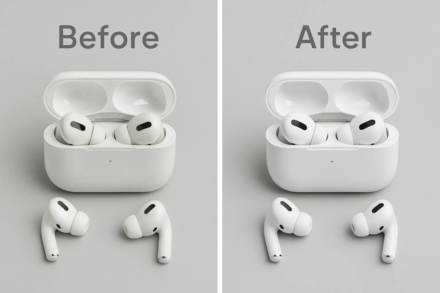 eCommerce product photo lineup showing improvements after AI enhancement — shoes, bags, or tech gadgets