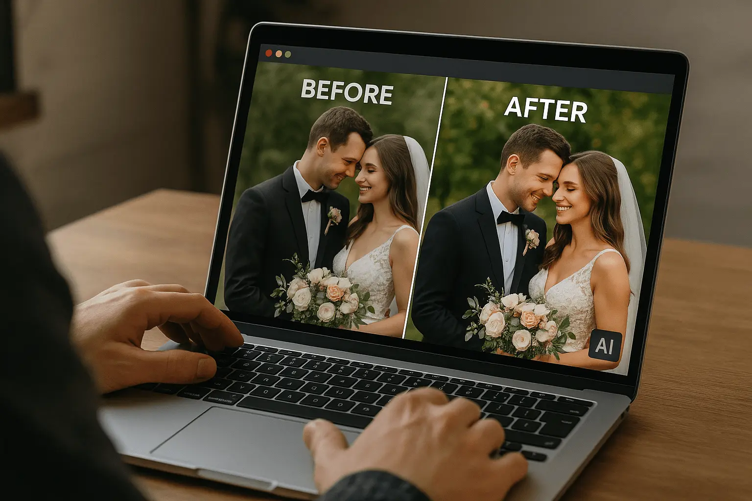 A photographer enhancing wedding photos using AI software on a laptop, showing before-and-after results.